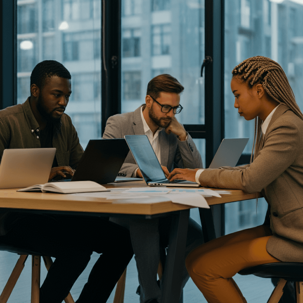 A group of co-workers working on their laptops