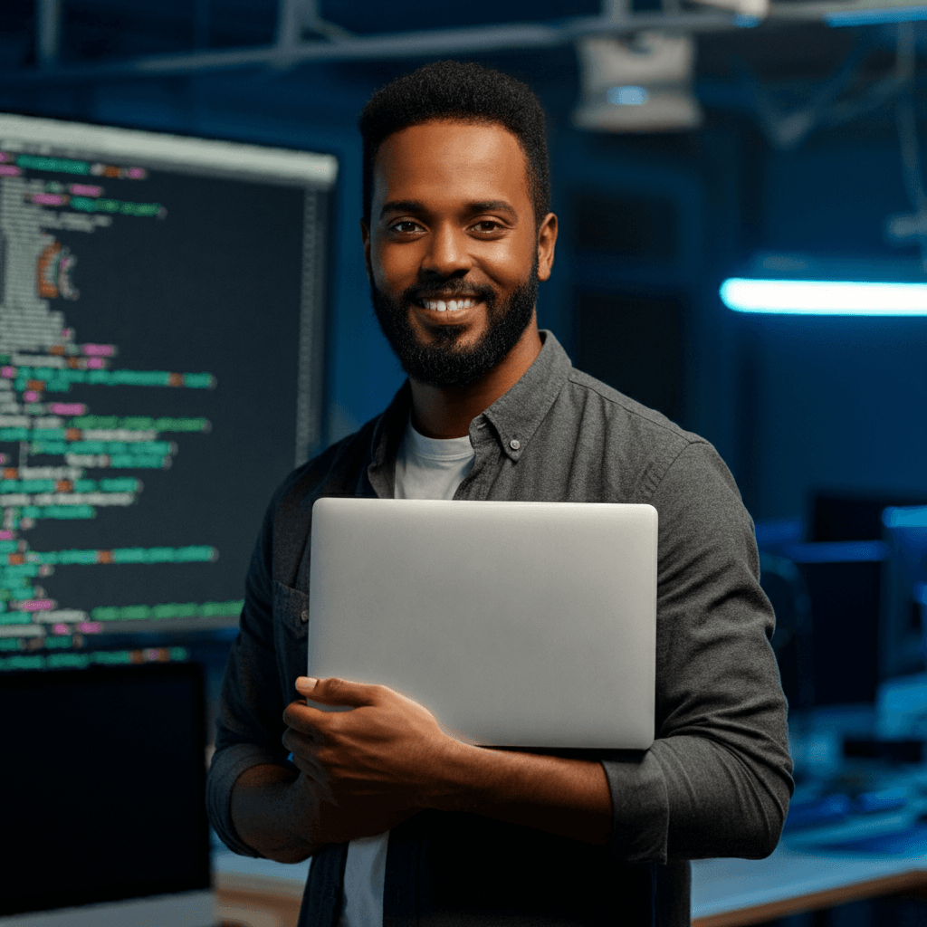 A young man smiling while holding a laptop computer