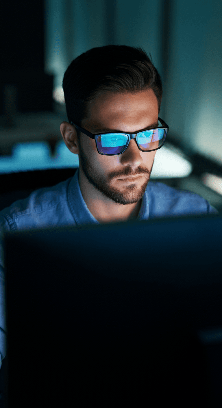 young man working on a PC while sitting on a desk