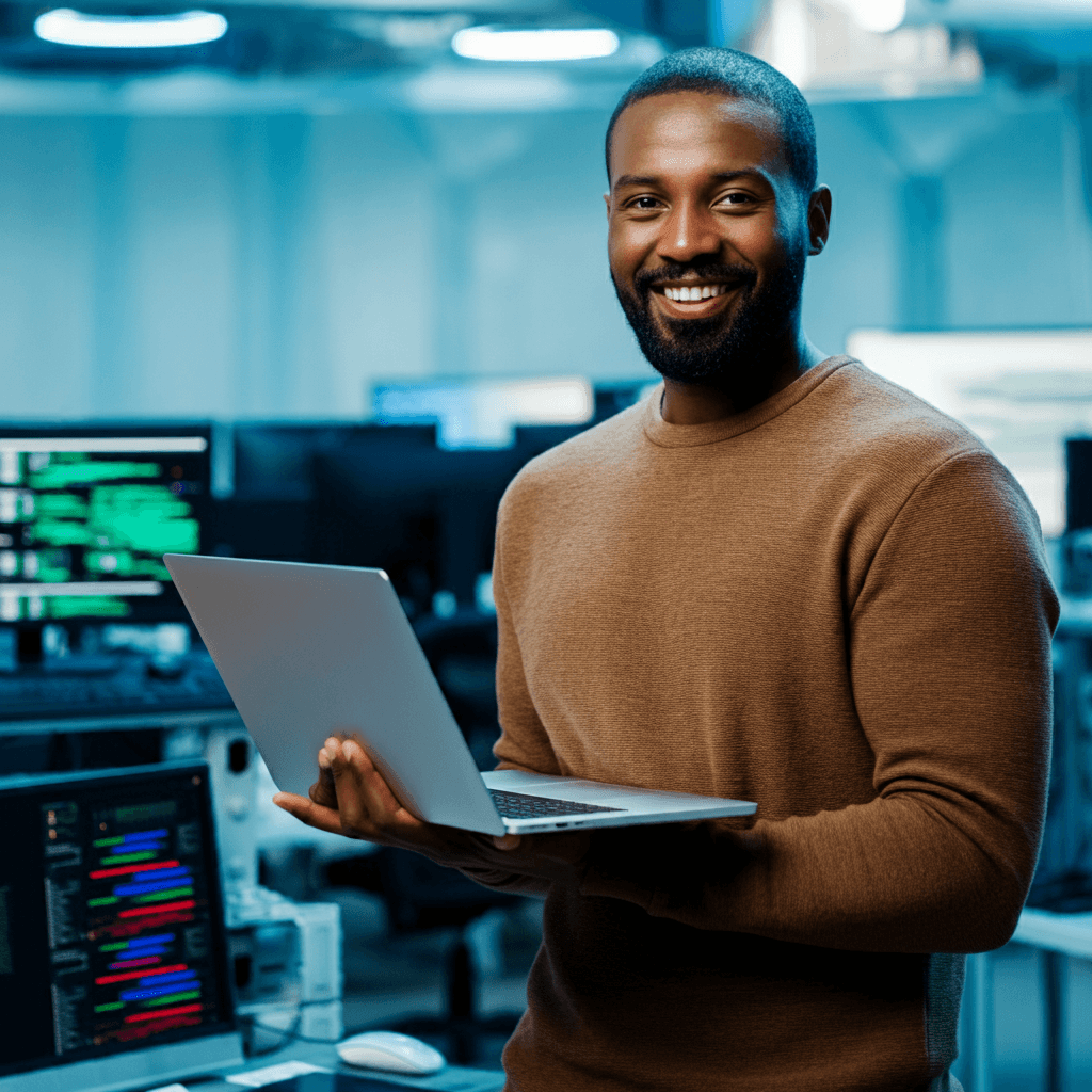 A young man holding a laptop